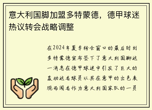 意大利国脚加盟多特蒙德，德甲球迷热议转会战略调整