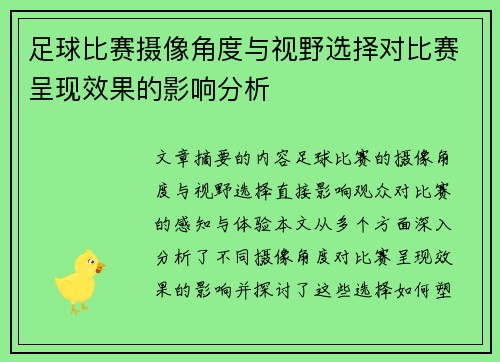 足球比赛摄像角度与视野选择对比赛呈现效果的影响分析