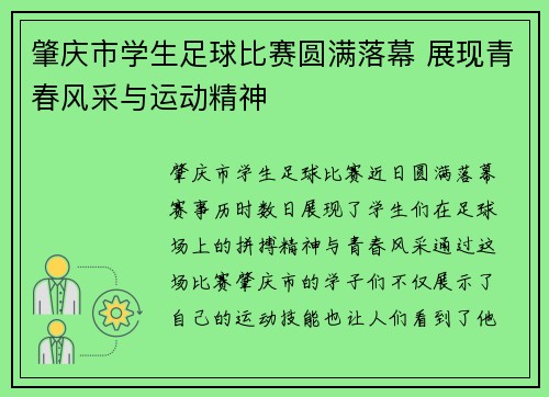 肇庆市学生足球比赛圆满落幕 展现青春风采与运动精神