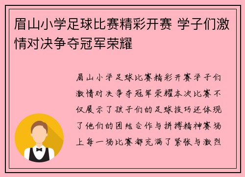 眉山小学足球比赛精彩开赛 学子们激情对决争夺冠军荣耀