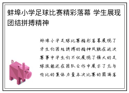 蚌埠小学足球比赛精彩落幕 学生展现团结拼搏精神