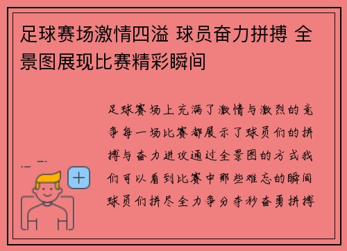 足球赛场激情四溢 球员奋力拼搏 全景图展现比赛精彩瞬间