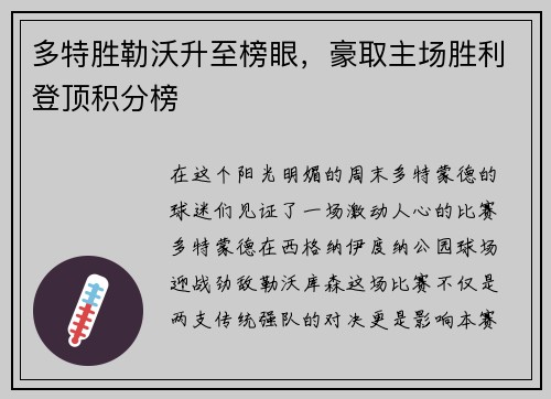 多特胜勒沃升至榜眼，豪取主场胜利登顶积分榜