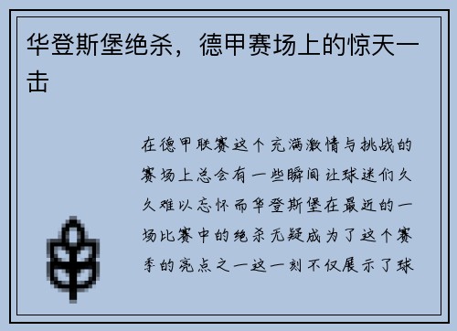 华登斯堡绝杀，德甲赛场上的惊天一击