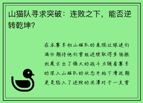山猫队寻求突破：连败之下，能否逆转乾坤？