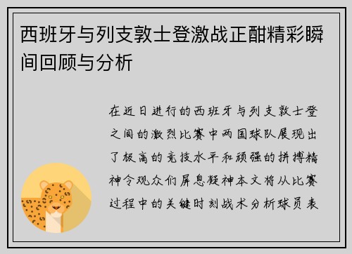 西班牙与列支敦士登激战正酣精彩瞬间回顾与分析