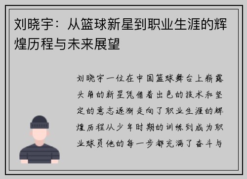 刘晓宇：从篮球新星到职业生涯的辉煌历程与未来展望