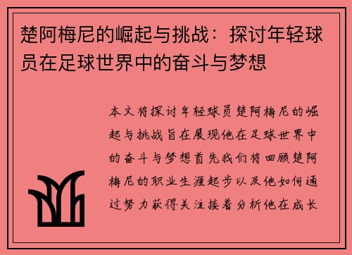 楚阿梅尼的崛起与挑战：探讨年轻球员在足球世界中的奋斗与梦想