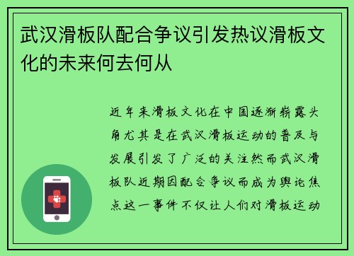 武汉滑板队配合争议引发热议滑板文化的未来何去何从